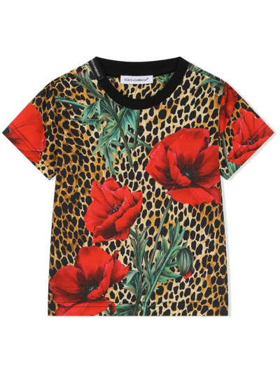 Dolce & Gabbana Babies' Kids Animal And Poppy Print T-shirt (3-30 Months) In Braun