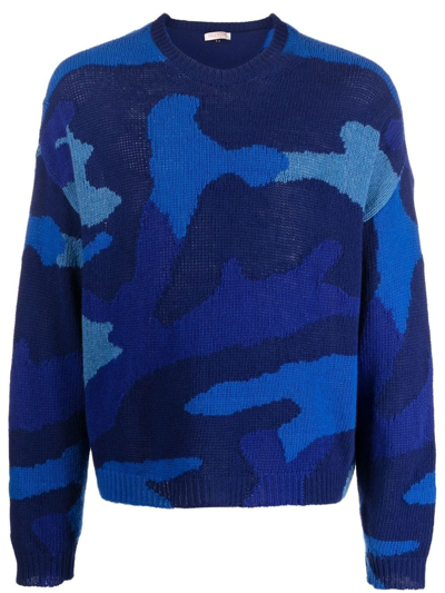 Valentino Pullover Made Of Pure Virgin Wool With A Camouflage Pattern In Blue