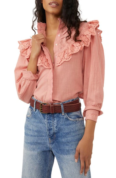 Free People Hit The Road Ruffle Yoke Cotton Blouse In Sun Sand