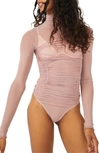 Free People Under It All Ruched Mesh Turtleneck Bodysuit In Blush