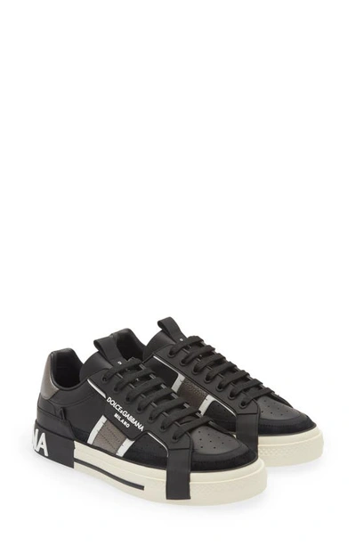 Dolce & Gabbana Men's Portofino Metallic Leather Low-top Sneakers In Black