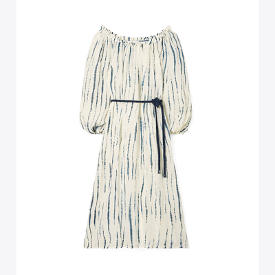 Tory Burch Wavelength Ruffle-neck Off-shoulder Midi Dress In Pattern