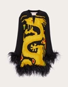 Valentino Abito In Crepe De Chine Stampa Drago Re-edition Ricamato Con Piume In Black/multicolour
