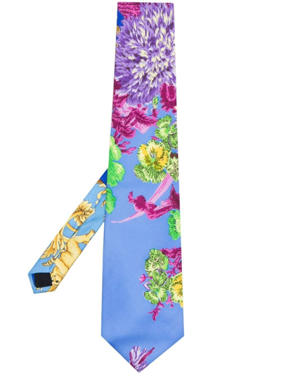 Pre-owned Versace 1990s Floral-print Silk Tie In Blue