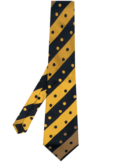 Pre-owned Versace 2000s Polka Dot Striped Silk Tie In Yellow