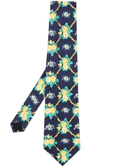 Pre-owned Versace 1990s Floral-print Silk Tie In Blue