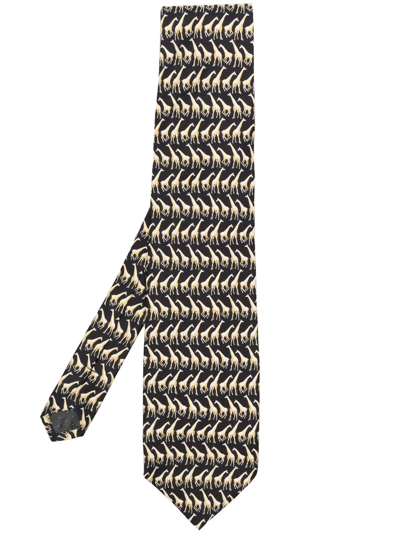Pre-owned Versace 2000s Giraffe-print Silk Tie In Black