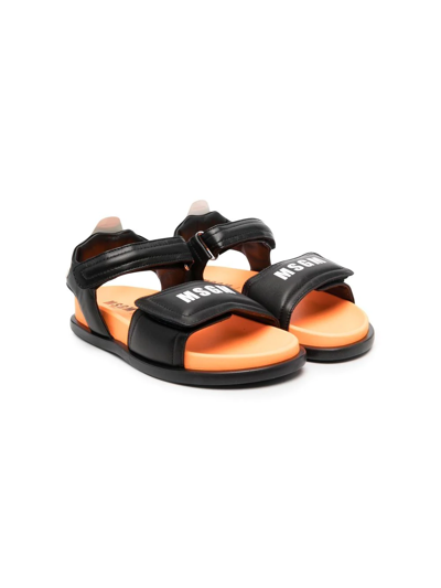 Msgm Teen Logo-print Leather Sandals In Black