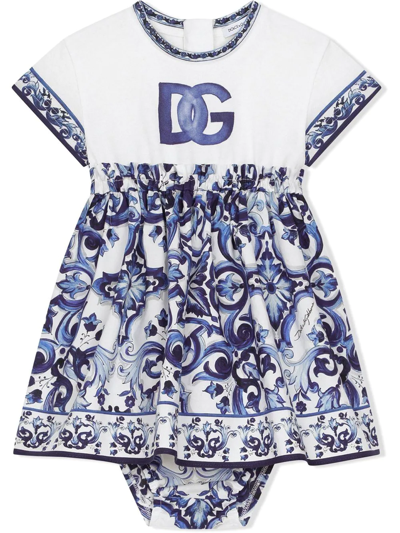 Dolce & Gabbana Babies' Majolica-print Romper Dress In Blue