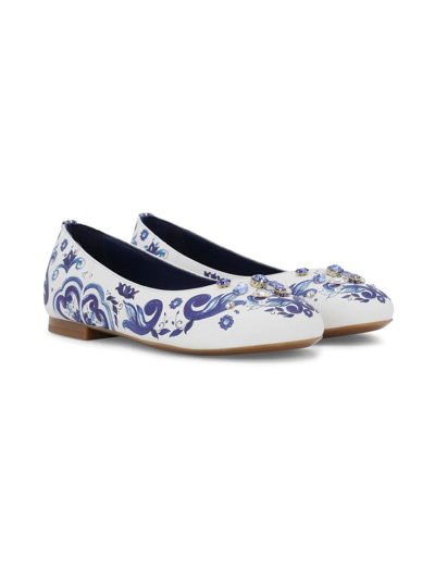 Dolce & Gabbana Kids' Majolica-print Leather Ballerina Shoes In Blue