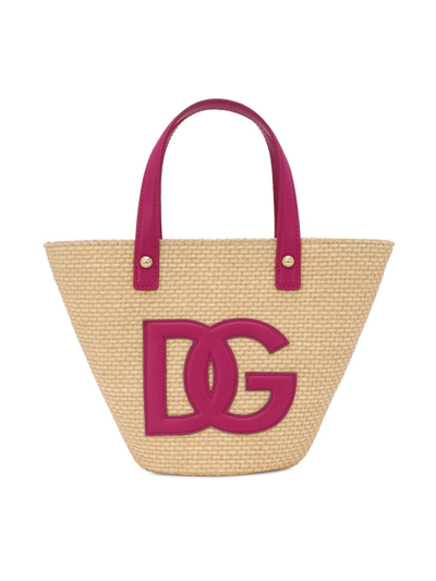 Dolce & Gabbana Kids' Leather-raffia Logo Tote Bag In Orchidea Pink