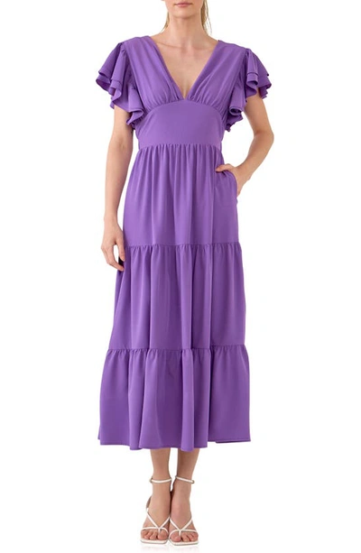 English Factory Flutter Sleeve Cutout Midi Dress In Purple