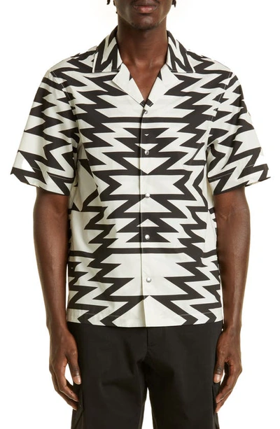 Moncler Graphic Print Snap Front Short Sleeve Camp Shirt In White Black