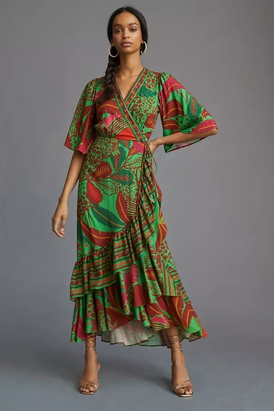 Farm Rio Farm X Anthropologie Flutter-sleeve Wrap Maxi Dress In Green