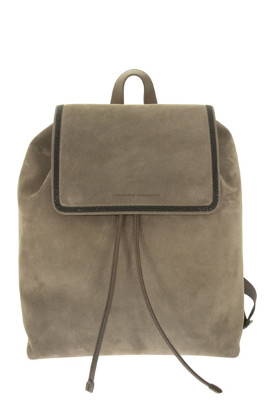Brunello Cucinelli Suede Backpack With Precious Contour In Dove Grey