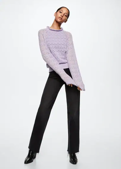 Mango Pointelle High Neck Sweater In Lilac-purple
