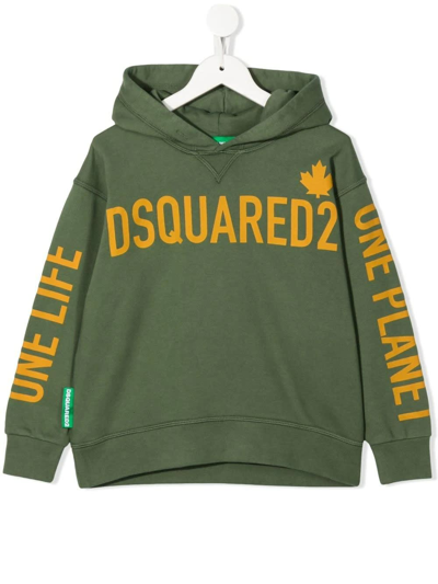 Dsquared2 Kids Military Green Hoodie With Logo And Print In Verde Militare