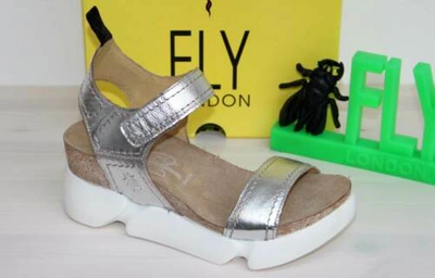 Pre-owned Fly London Leder Sandalette Sandale - Made In Portugal - Sena Silver - Neu