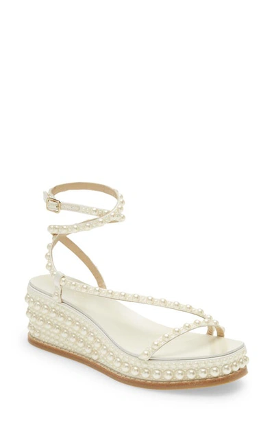 Jimmy Choo Drive Faux Pearl-embellished Leather Espadrille Wedge Sandals In White/white