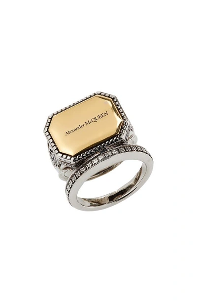 Alexander Mcqueen Signet Ring With Gold-colored Plaque In Silver