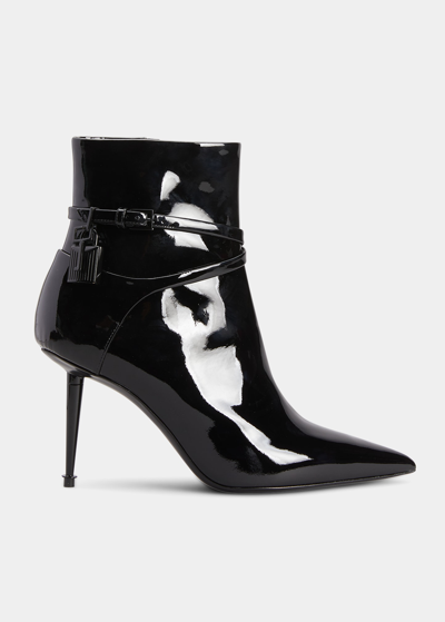 Tom Ford Lock Patent Leather Ankle Booties In Black