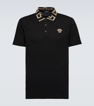 Versace Geometric Patterned Black Polo Shirt With Classic Placket
