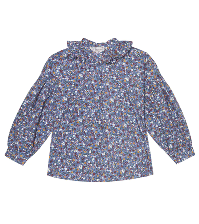 Il Gufo Kids' Floral-print Ruffle-collar Shirt In Blau