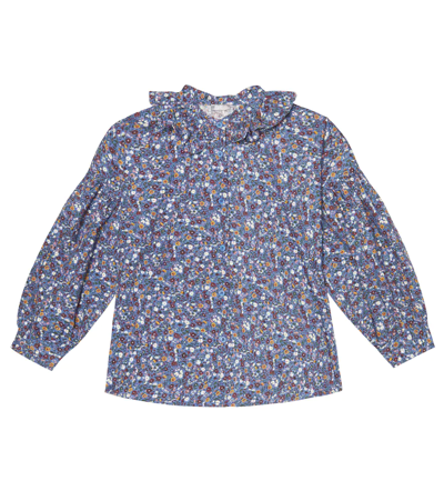 Il Gufo Kids' Floral-print Ruffle-collar Shirt In Light Blue