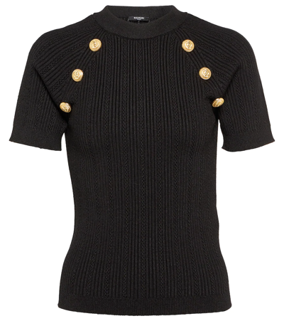 Balmain Sleeveless Black Crop Knit Top With Gold Buttons
