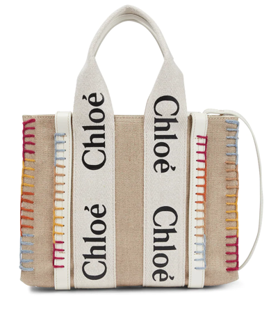 Chloé Woody Small Leather-trimmed Linen-canvas Tote In White