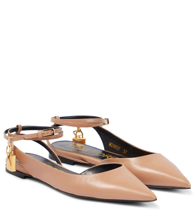 Tom Ford Padlock Leather Slingback Flats In Taupe