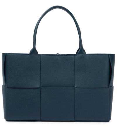 Bottega Veneta Small Arco Woven Leather Tote In Deep Blue/silver