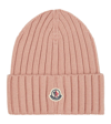 Moncler Light Pink Logo Ribbed Wool Beanie In Light Pink