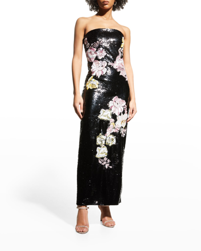 Monique Lhuillier Sequined Floral-embroidered Strapless Column Gown In Noir Multi