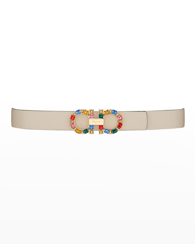 Ferragamo Gancini Crystal Leather Buckle Belt In Bone Nero Multi