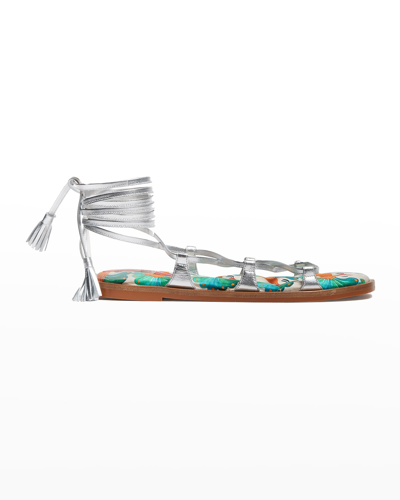 La Doublej Metallic Peacock Ankle-wrap Gladiator Sandals In Kissers
