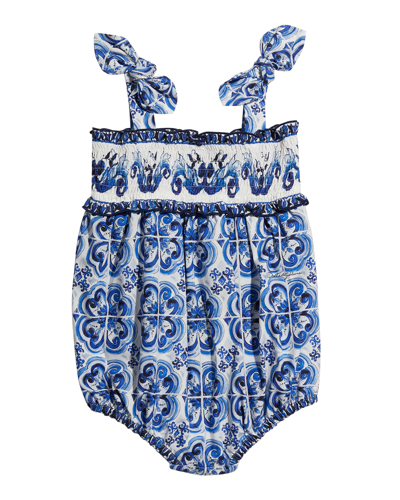 Dolce & Gabbana Kids' Girl's Blue Mediterraneo Majolica Smocked Romper In Tris Maioliche Fb
