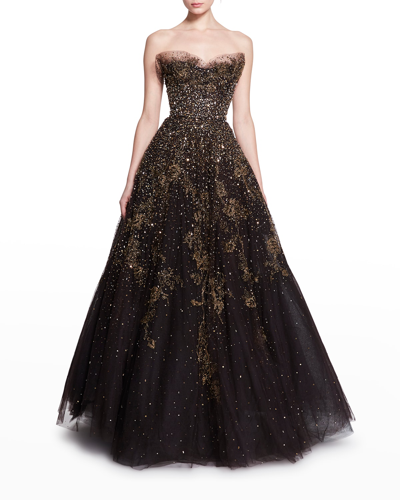 Marchesa Strapless Floral-beaded Sequin Tulle Ballgown In Chocolate