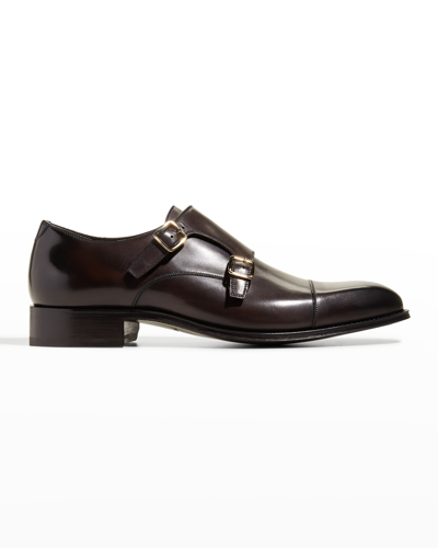 Tom Ford Men's Elkan Burnished Leather Monk-strap Ankle Boots In Ebony