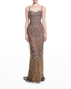 MARCHESA CRYSTAL EMBROIDERED FRINGE MERMAID GOWN
