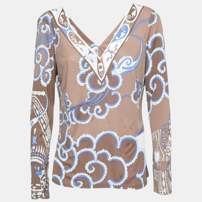 Pre-owned Emilio Pucci Multicolor Printed Jersey Long Sleeves V Neck Blouse L In Beige