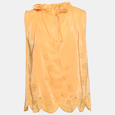 Pre-owned See By Chloé Yellow Crepe De Chine Floral Embroidered Sleeveless Top M