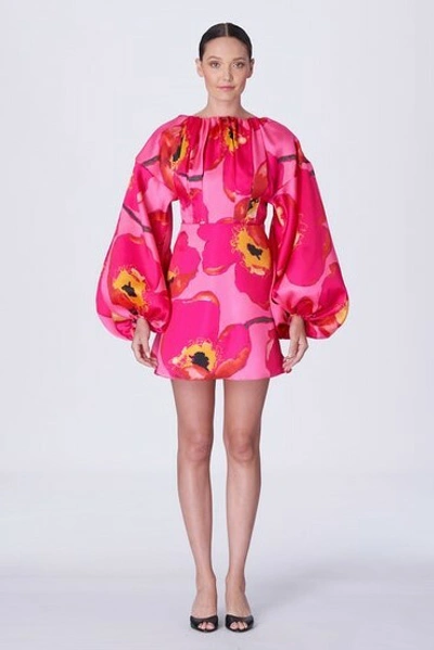 Carolina Herrera Floral-print Balloon-sleeve Silk Mini Dress In Pink