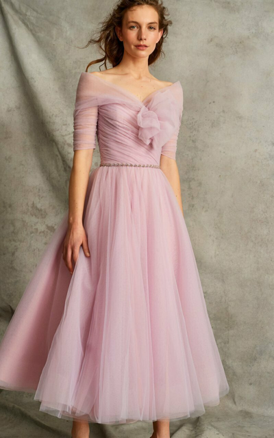 Jenny Packham Bow-detailed Chiffon Midi Dress In Pink