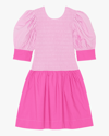 Ganni Color Block Cotton Poplin Smocked Mini Dress In Pink