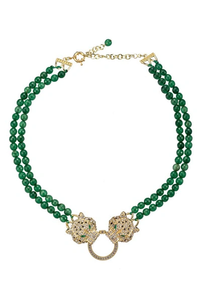 Eye Candy Los Angeles Double Leopard Natural Stone Necklace In Green