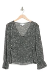 Nordstrom Rack Long Sleeve Chiffon Peplum Blouse In Black- Ivory Sketch Floral