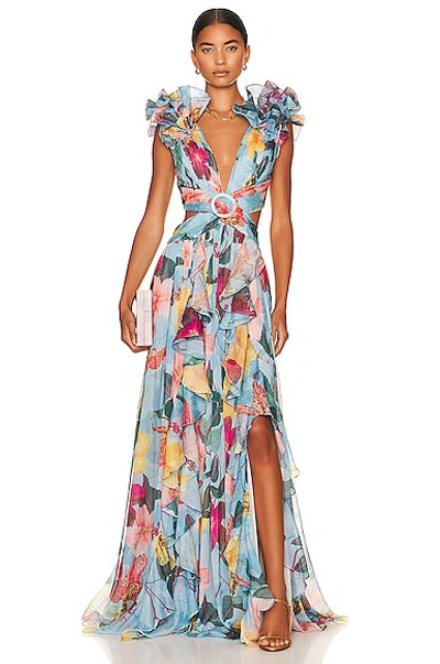 Patbo Cutout Ruffled Floral-print Chiffon Maxi Dress In Celeste