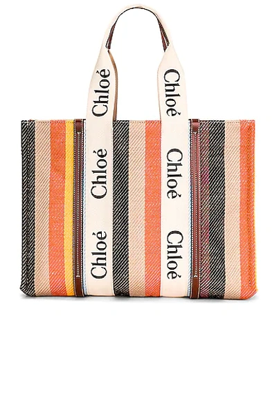 Chloé Multicoloured Woody Large Canvas Tote Bag In Brown