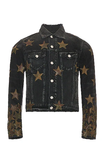 Amiri Chemist Leather-appliquéd Denim Jacket In Aged Black